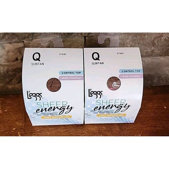 L'eggs Sheer Energy Pantyhose Compression Light Support Suntan Q Size 2 Pack - Picture 2 of 5